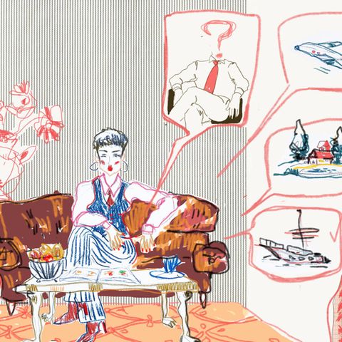 Illustration: eine Frau mit gewissen Ansprüchen sitzt in einer Dating-Agentur