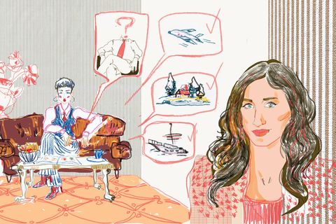 Illustration: eine Frau mit gewissen Ansprüchen sitzt in einer Dating-Agentur