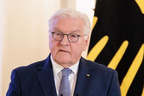 Frank-Walter Steinmeier steht im Anzug vor der Flagge des Bundespräsidenten