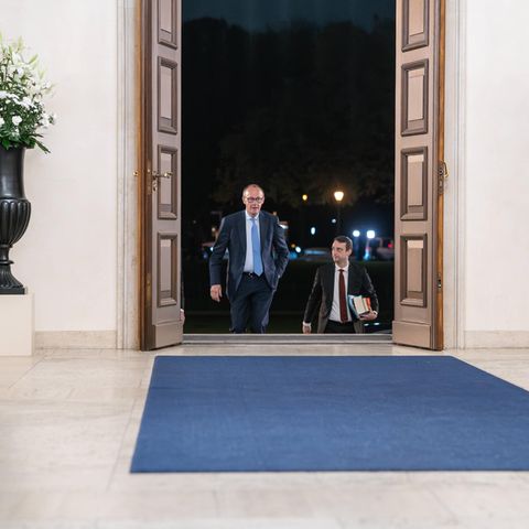 Friedrich Merz goes through a large door, he only has to take one level.