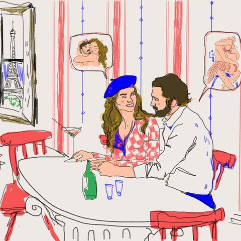 Illustration zeigt ein Pärchen beim Date unterhält sich in Paris über Sex während sie Cocktails trinken