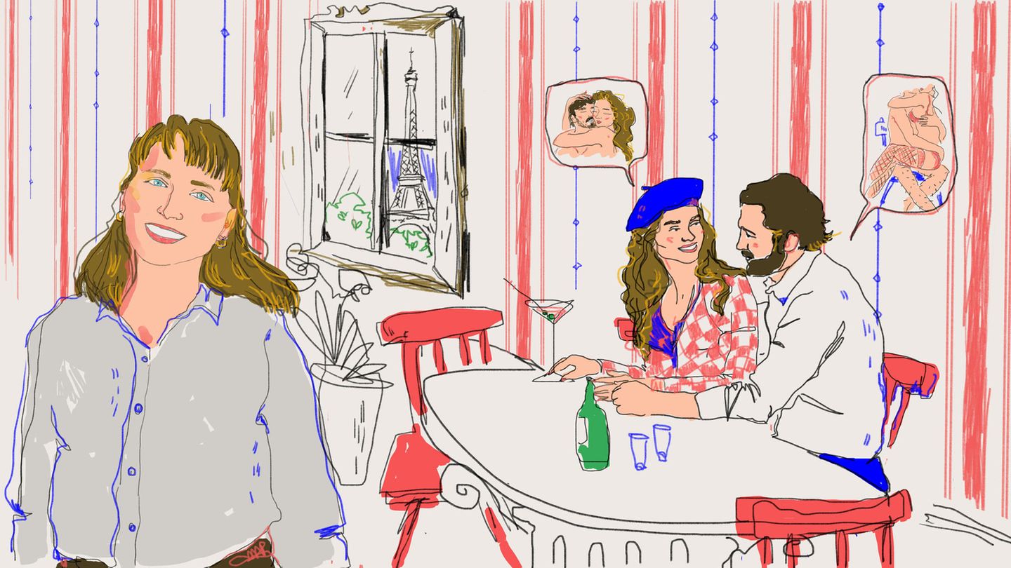 Illustration zeigt ein Pärchen beim Date unterhält sich in Paris über Sex während sie Cocktails trinken