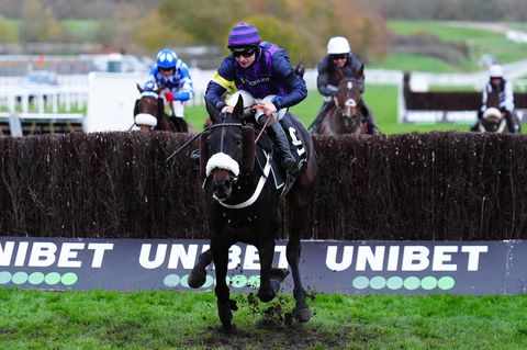 Pferd Abuffalosoldier und Reiter Sean Bowen auf der Rennstrecke in Cheltenham