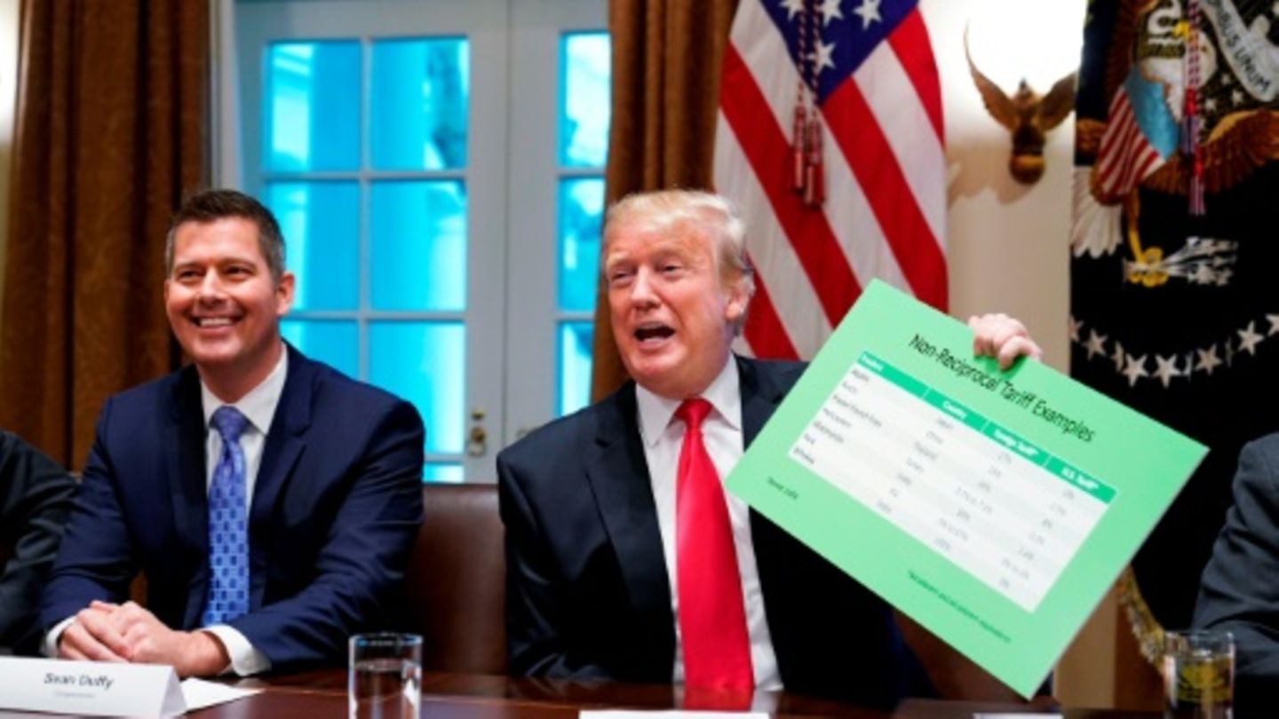 Duffy und Trump bei einem Treffen zu Zöllen im Jahr 2019