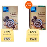 Alte und neue Schoko-Müsli-Verpackung von Kölln nebeneinander. Hauptunterschied: der grüne Hinweis "Neue Größe"