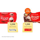 Die alte Viererpackung Dany "Sahne" neben dem neuen Zweierpack Dany "Pudding"