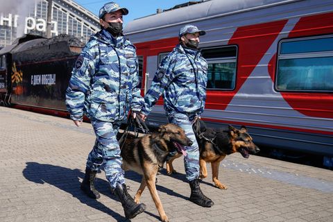 Polizisten und Diensthunde patrouillieren auf dem Südbahnhof von Kaliningrad