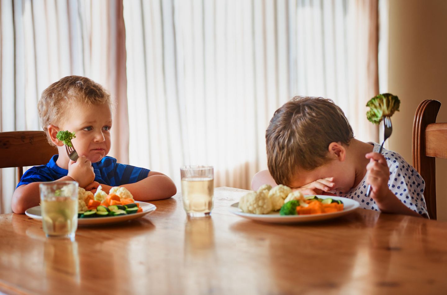 Ernährung bei Kindern Zwei verzweifelte kleine Jungs sitzen jeder vor einem Teller mit Gemüse. Die gesunde Ernährung ist schwer