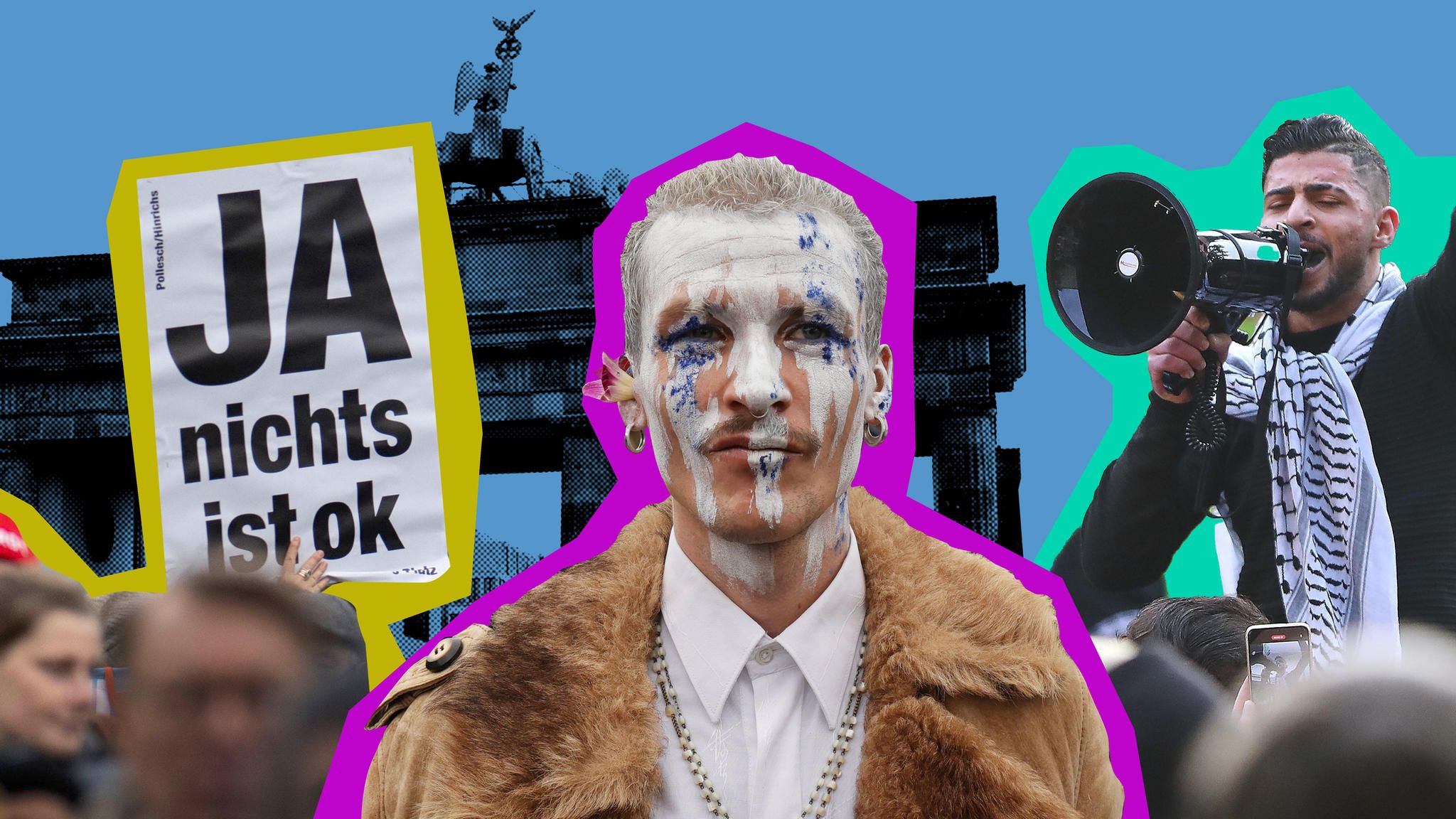 Eine Collage von Demos in Berlin
