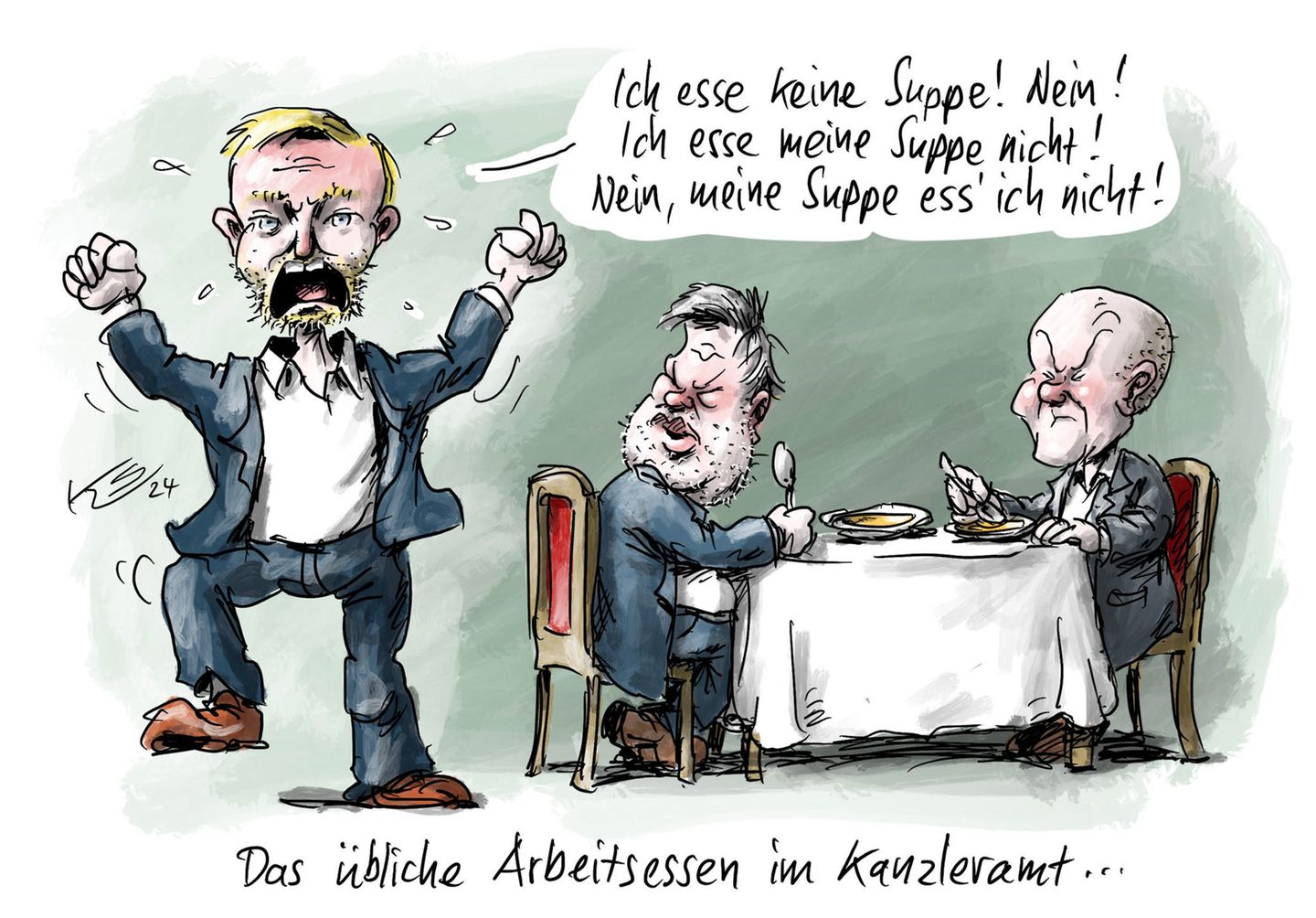 Am 6. November, dem Tag als Donald Trump zum US-Präsidenten gewählt wurde, zerbrach die Ampel-Koalition. Wie vergiftet die Atmosphäre der drei Parteien war, hat Klaus Stuttmann in dieser Karikatur dargestellt