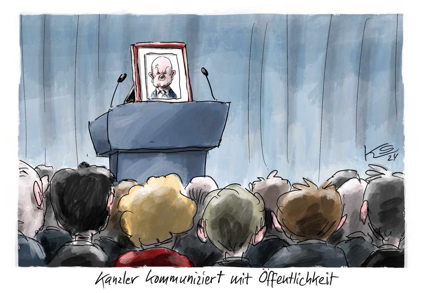 Diese Zeichnung stellt die (Nicht-)Kommunikation von Bundeskanzler Olaf Scholz recht treffend dar
