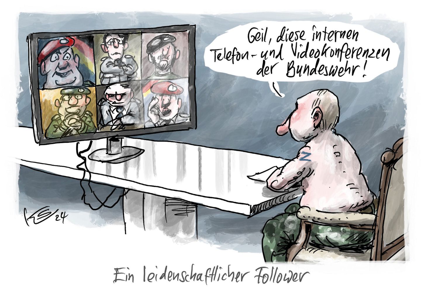Auch die Sicherheitslücken der Bundeswehr finden sich in Stuttmanns Jahresrückblick wieder. Hier nimmt der russische Präsident Putin an einer Lagebesprechung deutscher Militärs teil - natürlich mit freiem Oberkörper