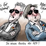 Deutschland first? Nicht bei der AfD: Die große Nähe mancher Politiker  dieser Partei zu Russland und China hat Stuttmann in diesem Bild dargestellt