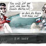 Sahra Wagenknecht und Alice Weidel schauen zusammen Fußball? Nicht auszuschließen, dass das tatsächlich so passiert ist. Die beiden Russland-Fans wissen in Stuttmanns Darstellung jedoch nicht, welcher Mannschaft sie die Daumen drücken sollen