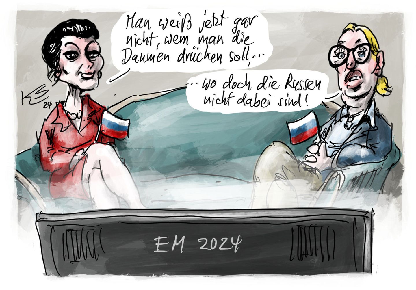 Sahra Wagenknecht und Alice Weidel schauen zusammen Fußball? Nicht auszuschließen, dass das tatsächlich so passiert ist. Die beiden Russland-Fans wissen in Stuttmanns Darstellung jedoch nicht, welcher Mannschaft sie die Daumen drücken sollen