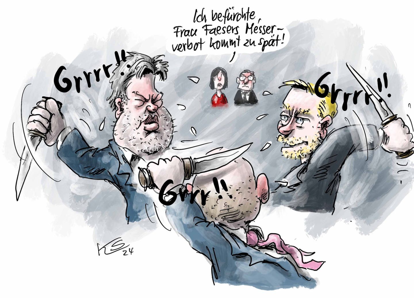 Das von Nancy Faeser geplante Messerverbot prägte die Debatte in diesem Jahr. Klaus Stuttmann ist sich jedoch nicht ganz sicher, ob ob sich die Spitzenpolitiker in der Ampel-Koalition selbst dran halten