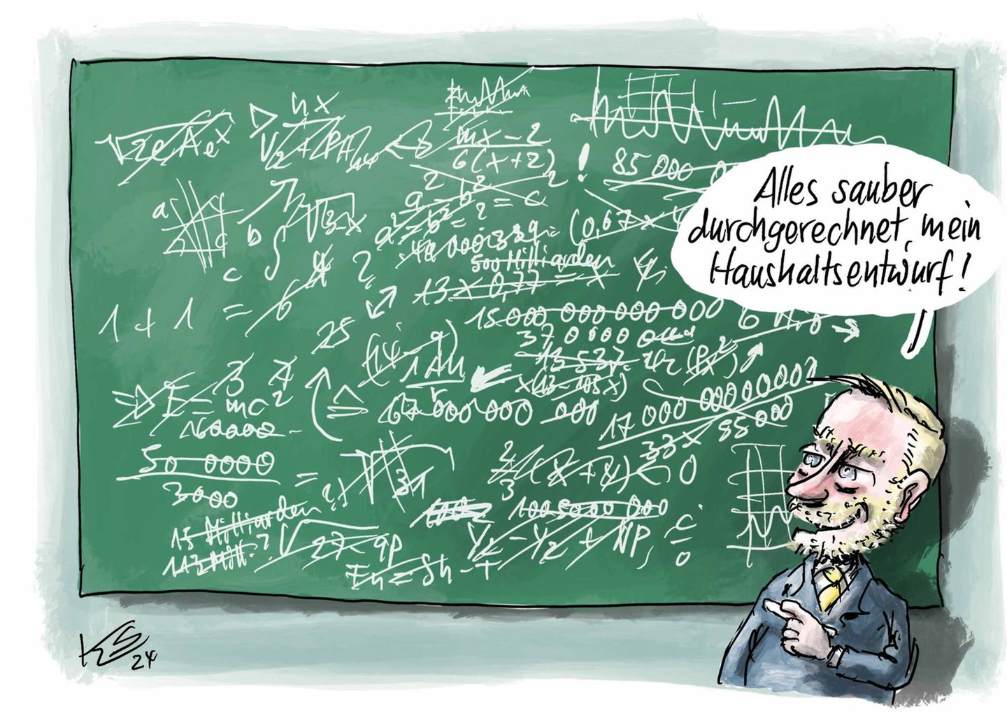 Wie stellt man einen fassungsgemäßen Bundeshaushalt auf - in Zeiten schrumpfender Einnahmen und unter Einhaltung der Schuldenbremse? Stuttmann stellt sich Christian Lindners Vorgehen so vor