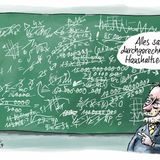 Wie stellt man einen fassungsgemäßen Bundeshaushalt auf - in Zeiten schrumpfender Einnahmen und unter Einhaltung der Schuldenbremse? Stuttmann stellt sich Christian Lindners Vorgehen so vor