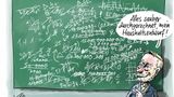 Wie stellt man einen fassungsgemäßen Bundeshaushalt auf - in Zeiten schrumpfender Einnahmen und unter Einhaltung der Schuldenbremse? Stuttmann stellt sich Christian Lindners Vorgehen so vor