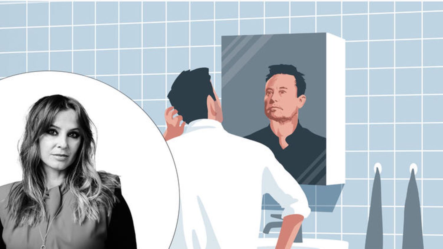 Illustration zeigt Elon Musk, der in einen Spiegel schaut