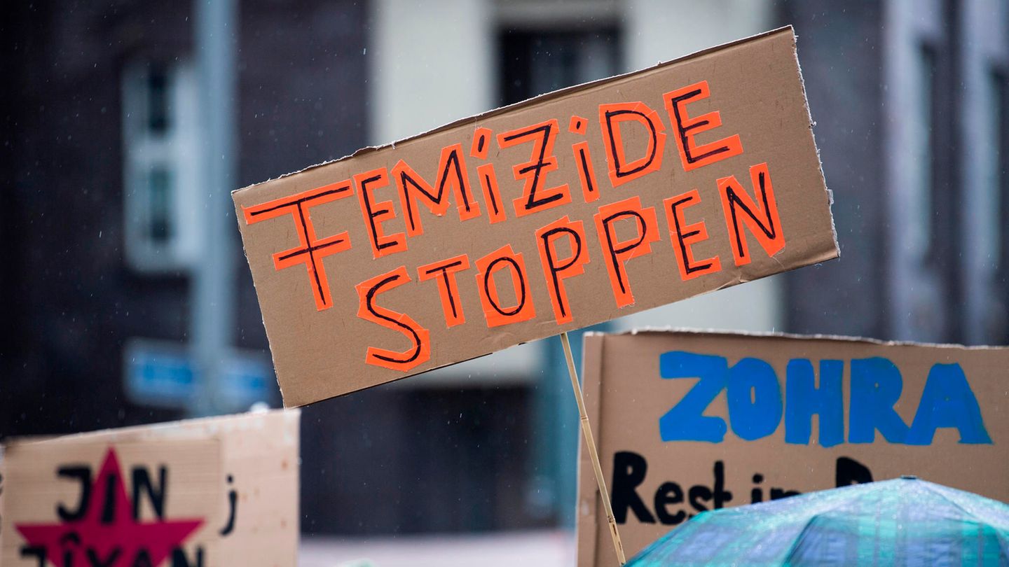 "Femizide stoppen" fordert eine Person, die gegen Gewalt gegen Frauen demonstriert.