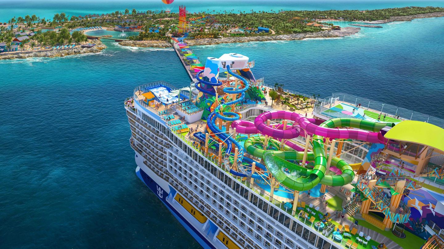Icon of the seas Visualisierung des Kreuzfahrtschiffes mit bunten Rutschen an Deck