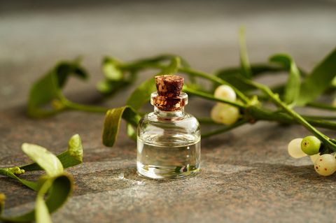 Alternativmedizin: Auf einem Tisch liegen Mistelzweige mit Beeren, daneben ein Glasfläschchen mit farbloser Flüssigkeit