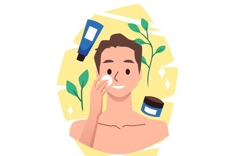 Illustration eines Mannes, der sein Gesicht mit einem Wattepad reinigt