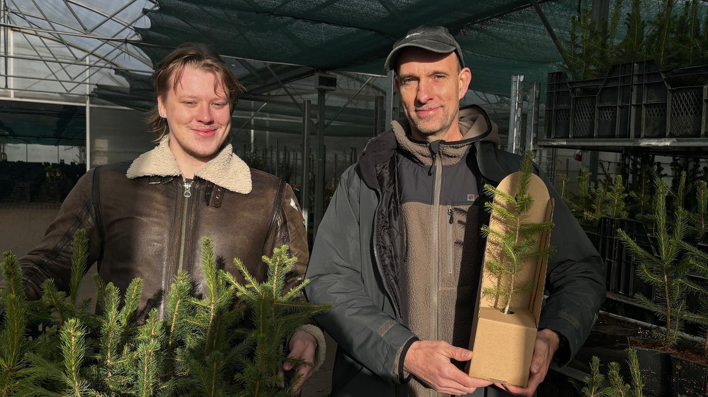 Weihnachtsbaum-Schenker Weihnachtsbaum-Schenker: Florian Schröder und ein Student des Betriebs