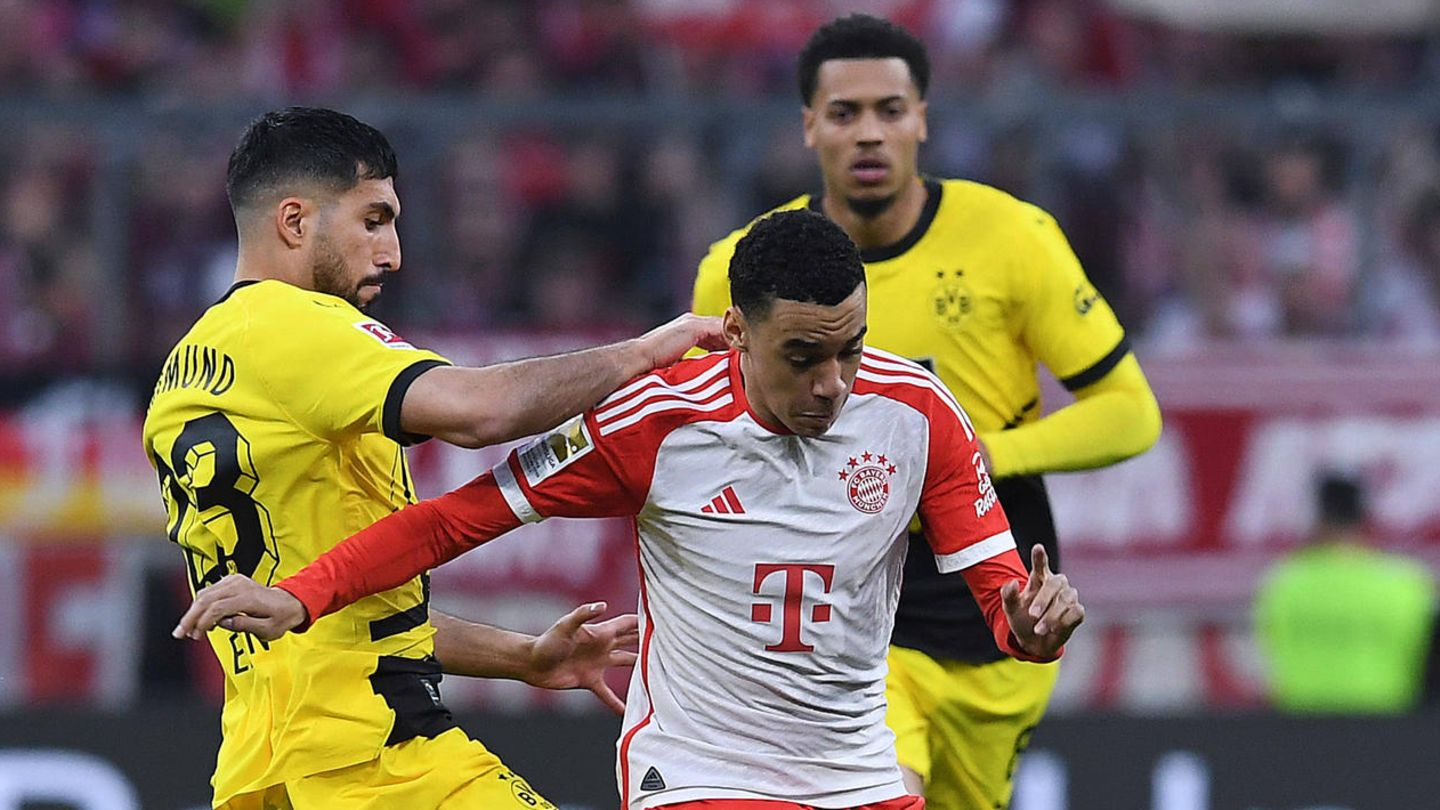 BVB-Profi Emre Can im Frühjahr im Zweikampf mit Bayerns Jamal Musiala