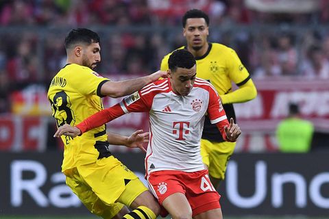 BVB-Profi Emre Can im Frühjahr im Zweikampf mit Bayerns Jamal Musiala