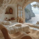 Schlafzimmer mit Blick auf Klippen und Wasser