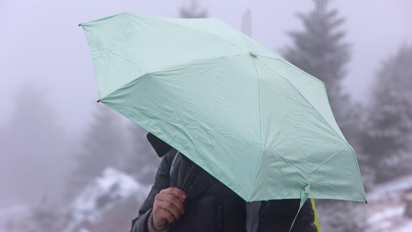 Unter einem lindgrünen Regenschirm geht ein Mann durch einen verschneiten Wald