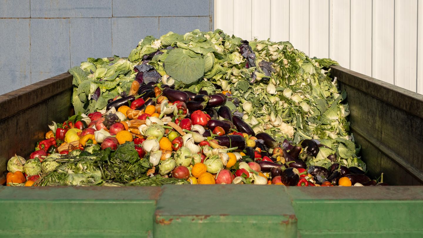 Ein Container mit weggeschmissenem Gemüse