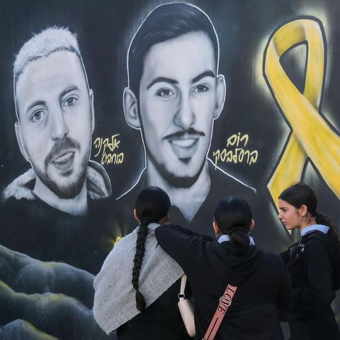 A mural shows hostages in Gaza