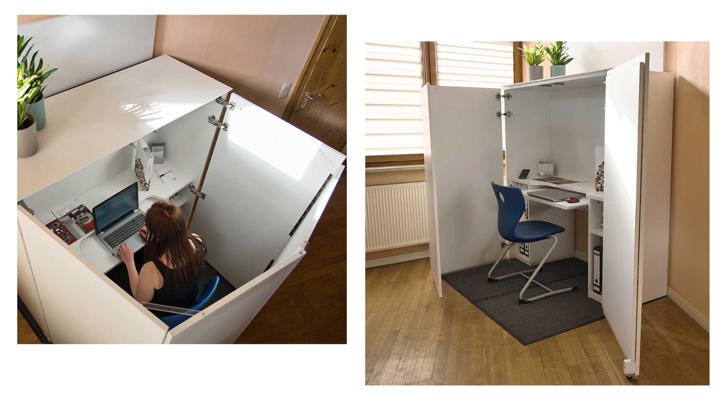 Homeoffice kann zur echten Prüfung werden, wenn kein eigenes Arbeitszimmer zur Verfügung steht und man sich einen Raum mit den Mitbewohnern teilen muss. Die HomeBox von D-E-Sign gibt einem zumindest etwas Ruhe und Privatsphäre, indem man mit seiner Arbeit im Wortsinn im Schrank verschwindet. Das mag auf den ersten Blick eigenartig erscheinen, kann aber in bestimmten Wohnsituationen wunderbar funktionieren. Oft auch als Zeichen: Ist die Tür zu, möchte ich nicht gestört werden.