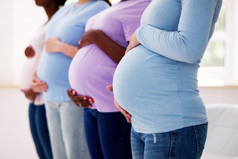 vier runde Bäuche von schwangeren Frauen, deren Gesicht man nicht sehen kann