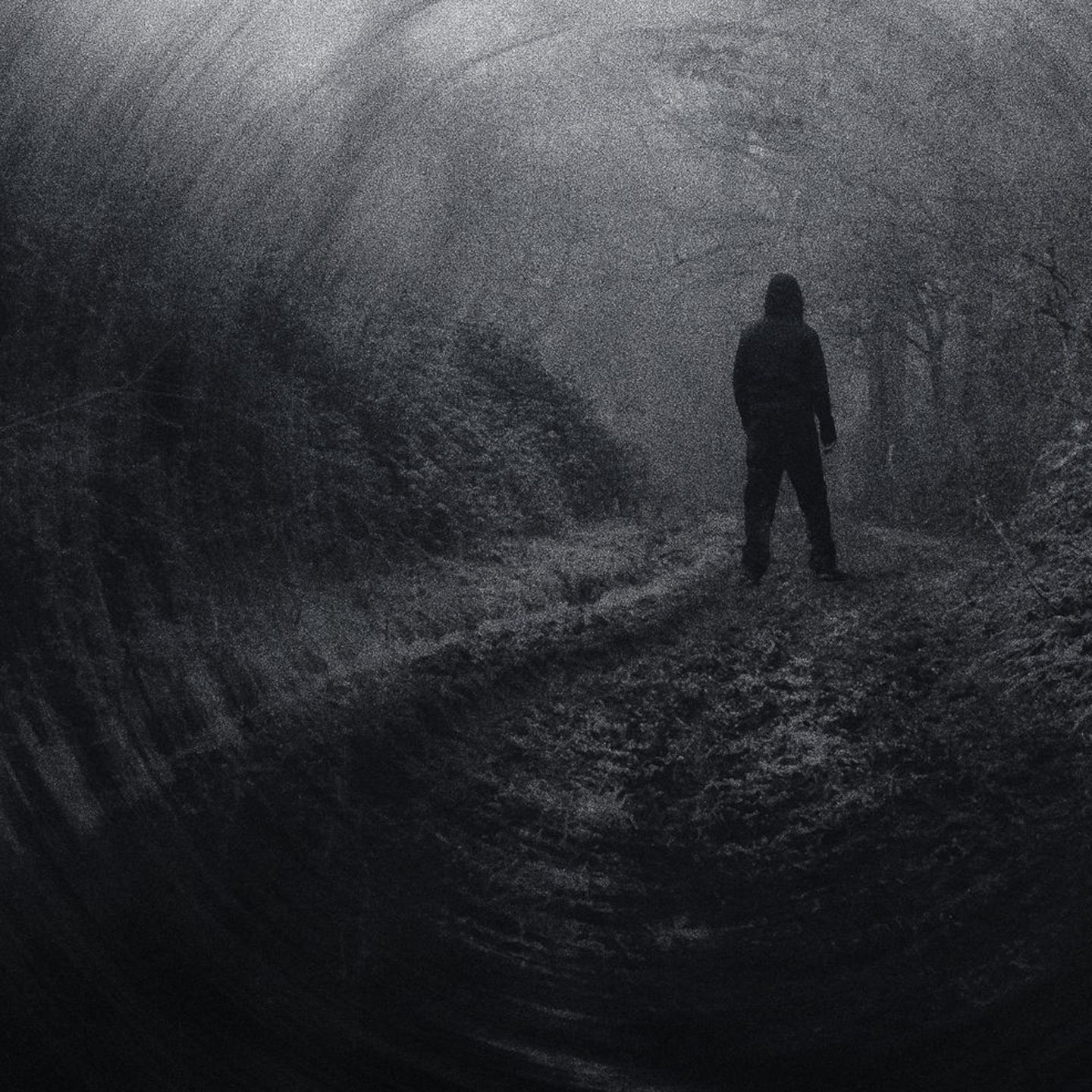 Mann steht im Wald, seine Umgebung ist verwischt