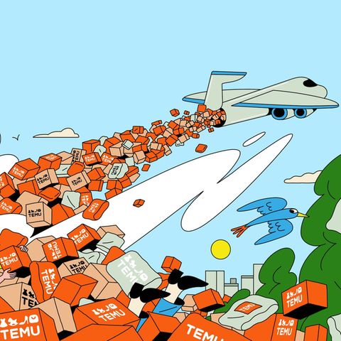 Illustration aircraft throws Temu packages