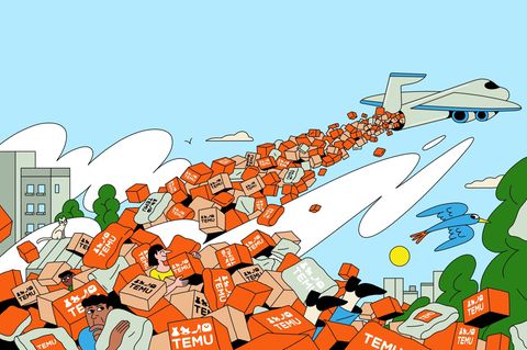 Illustration Flugzeug wirft Temu-Pakete ab