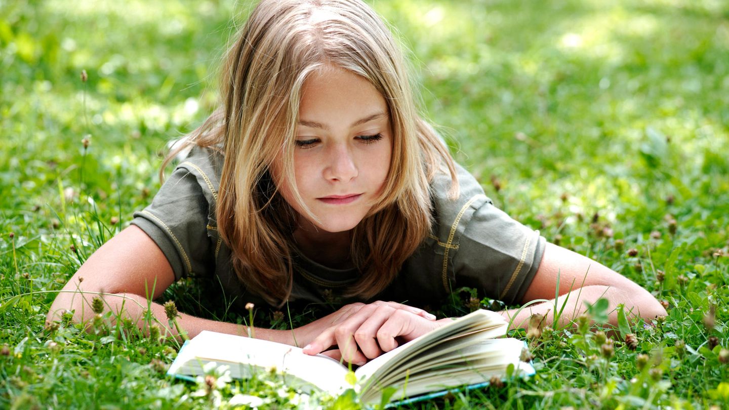 Kinderbücher: Ein Junge liegt auf einer Wiese und liest in einem Buch