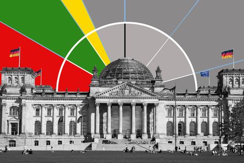Eine grafische Sitzverteilung als Optik hinter dem Bundestag (Montage)