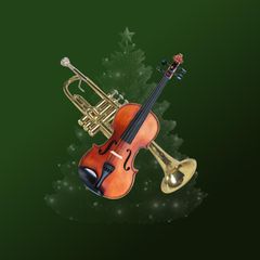 Weihnachten: Collage von Violine und Trompete vor einem Weihnachtsbaum