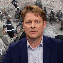 Guido Steinberg im Portrait, im Hintergrund sind Kämpfer des IS in Syrien zu sehen (Archivbild).