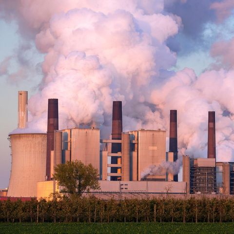 Dampfende Schlote des Braunkohlekraftwerks in Neurath