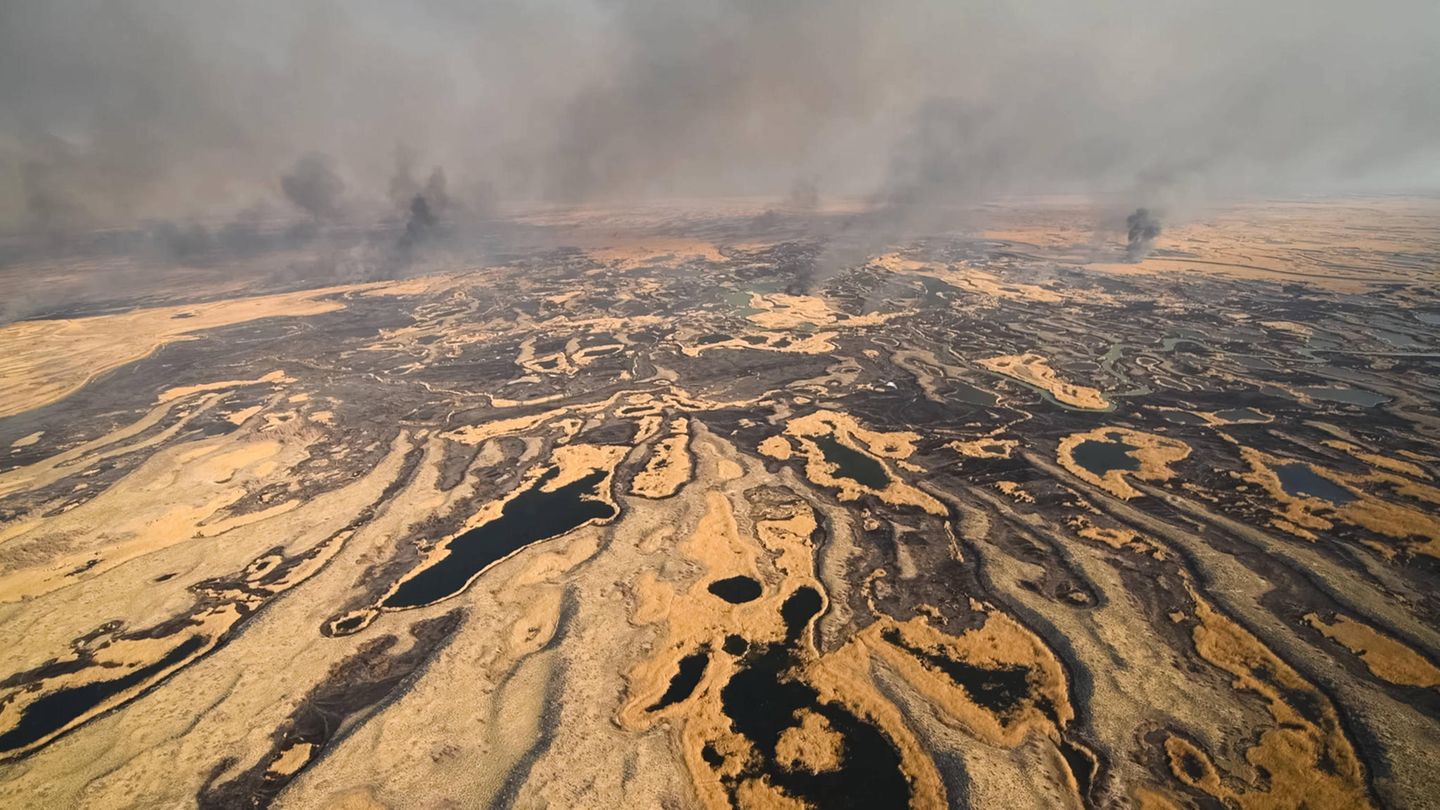 Rauch wabert über der russischen Tundra in Sibirien