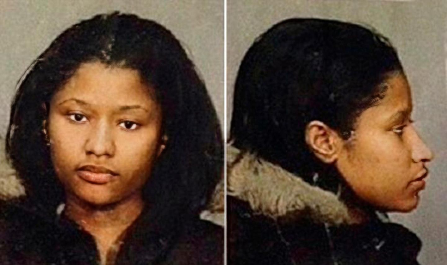 Polizeifoto von Nicki Minaj, von vorne und von der Seite