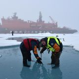 Wissenschaftler messen einen Schmelztümpel auf der Meereseisdecke am Nordpol aus