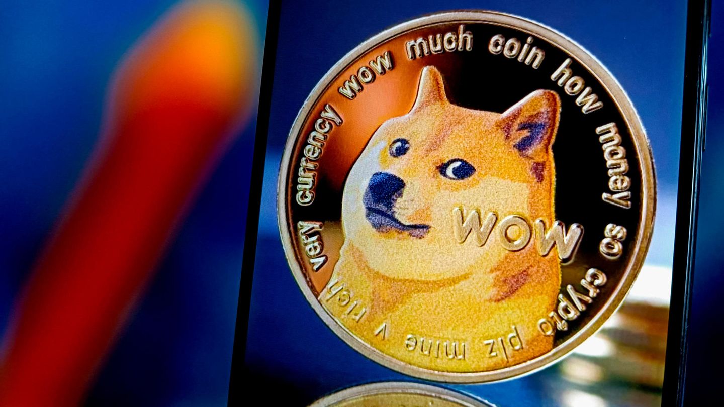 Eine symbolihsche Münze der Dogecoin-Kryptowährung mit dem Kopf eines Shiba-Inu-Hundes