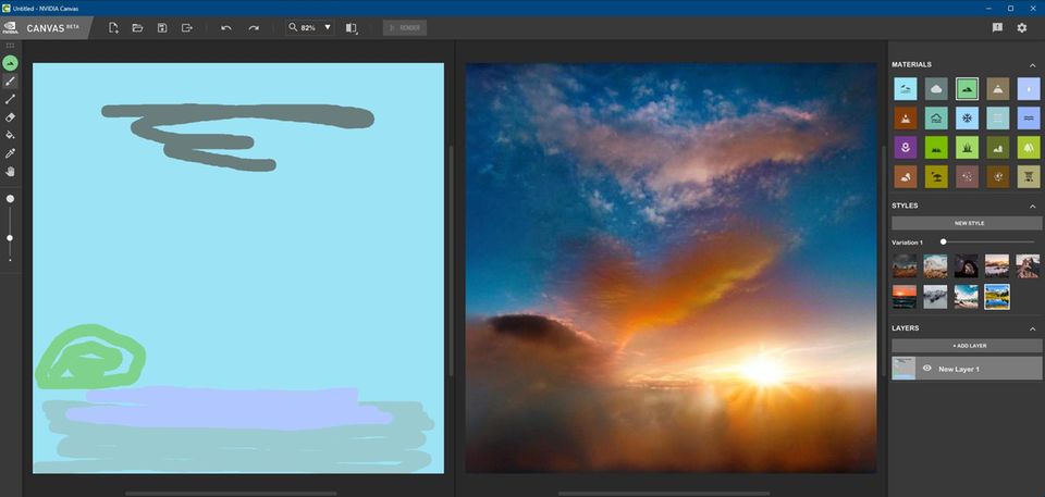 Nvidia Canvas - links wird grob gemalt, rechts kommt klein das Ergebnis der KI